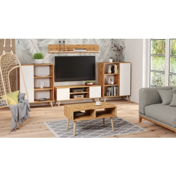 Szafka RTV 135 cm skandynawska dąb craft złoty-biel