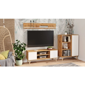 Szafka RTV 135 cm skandynawska dąb craft złoty-biel