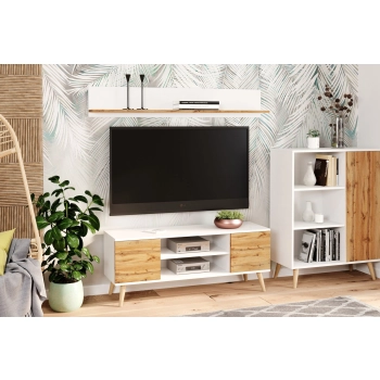 Szafka RTV 155 cm skandynawska dąb craft złoty - biel