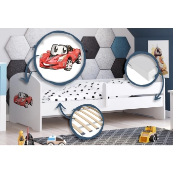 Łożko dziecięce LUK z barierką 160x80 Auto chorągiewką