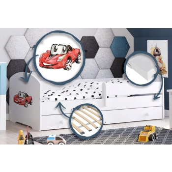 Łożko dziecięce LUK z szufladą i barierką 160x80 Auto chorągiewką