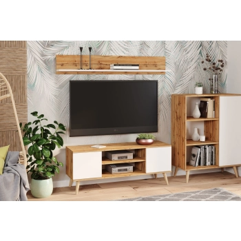 Szafka RTV 155 cm skandynawska dąb craft złoty - biel
